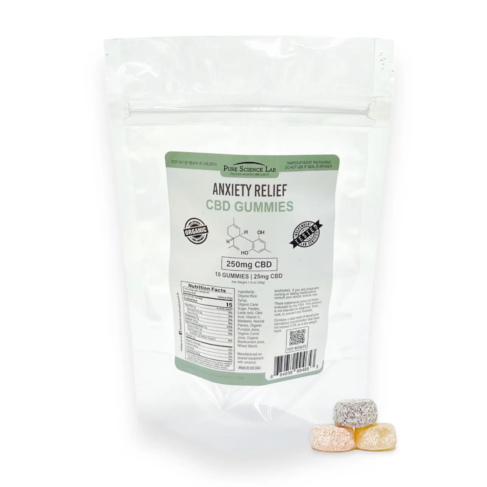 CBD Anxiety Relief Gummies Hemp Extract 750mg Nutrition Ingredients Bag