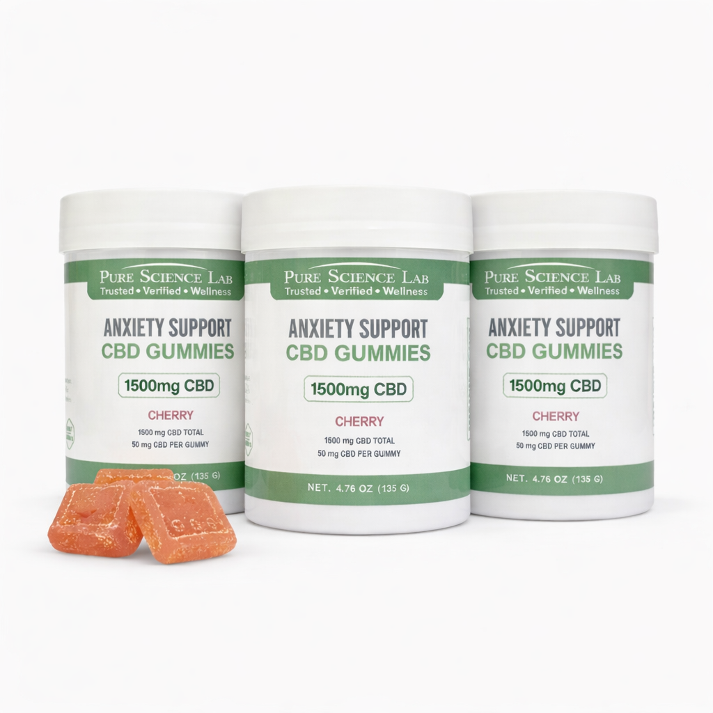 Three jars of Pure Science Lab Anxiety Support CBD Gummies on a white background
